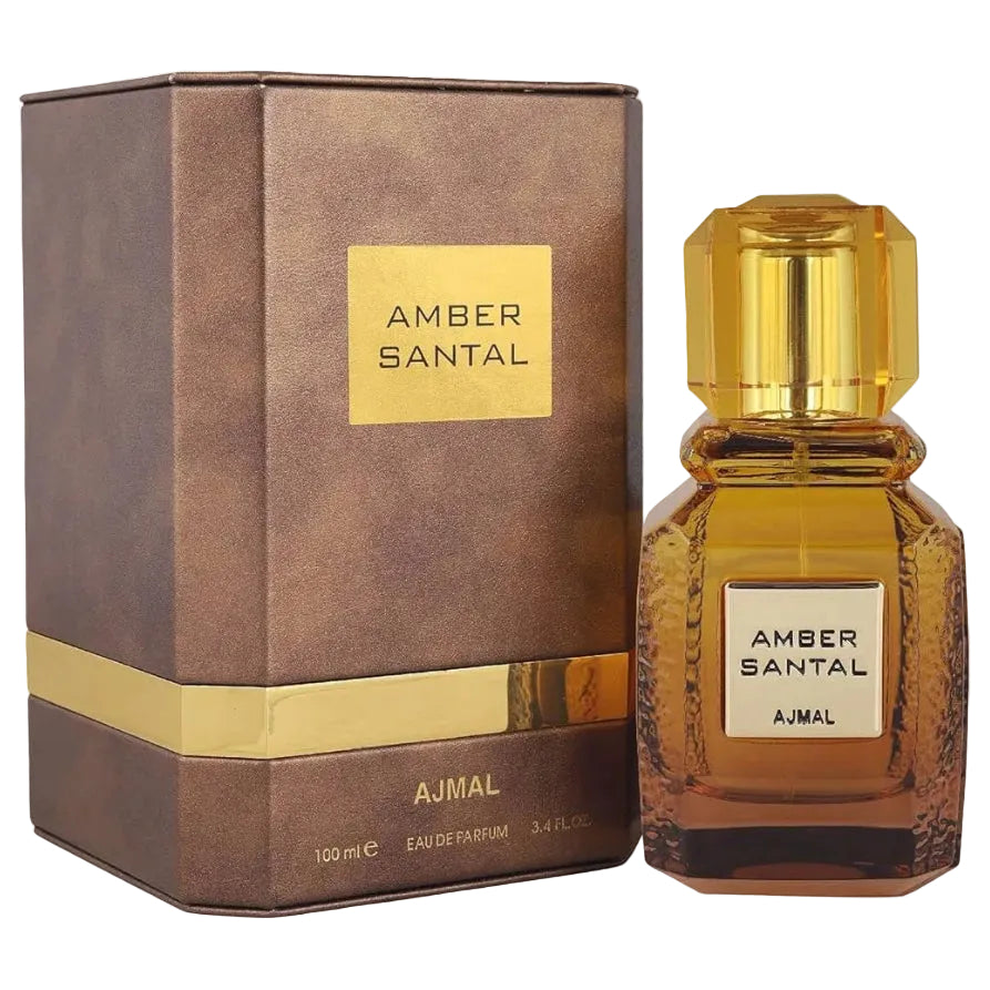Amber Santal perfume bottle and packaging by Ajmal on a white background