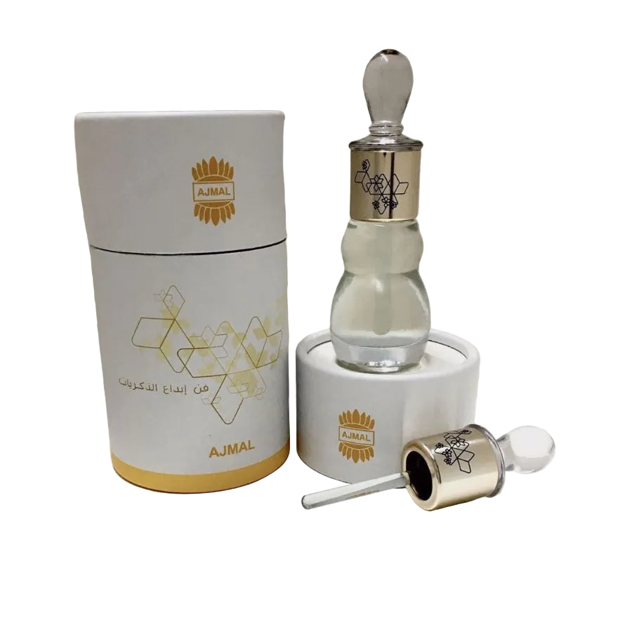 AJMAL perfume bottle with packaging and dropper on a white background