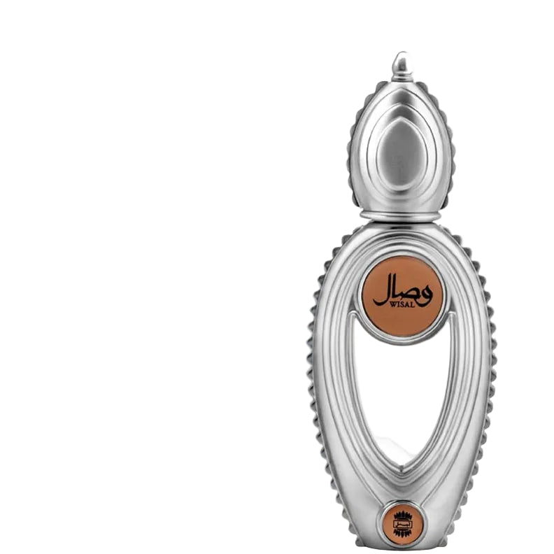 Silver perfume bottle with brown label and gold packaging on a white background