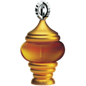 Amber-colored perfume bottle with a silver cap on a white background